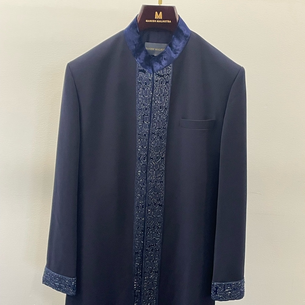 Manish Malhotra Navy Velvet Trim Coat